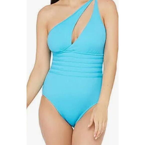La Blanca Bird Of Paradise Goddess Shoulder Cut Out One Piece Teal Blue Size 6 - Picture 1 of 12